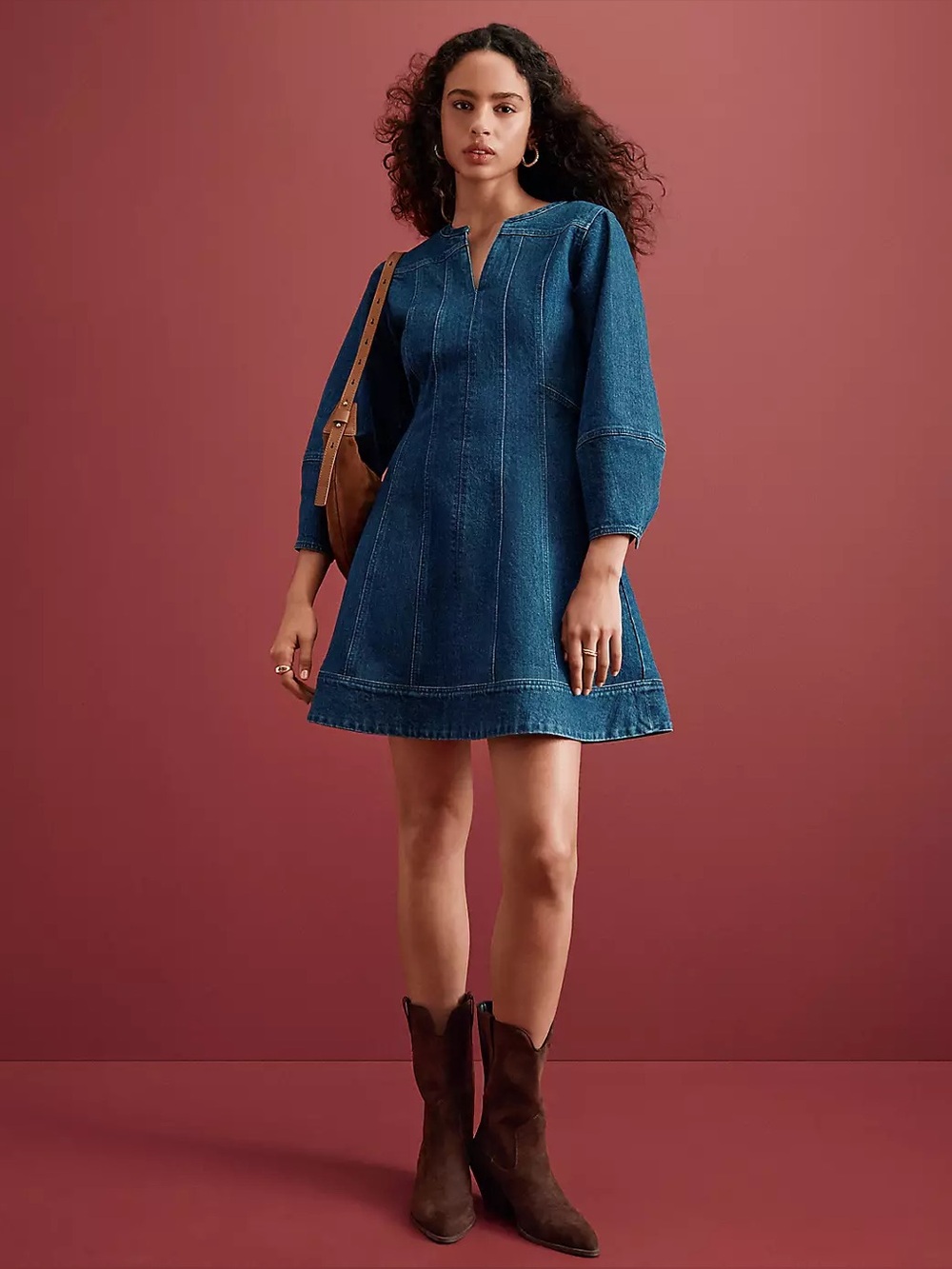 Loft Dress Womens 12 Denim Blue Jean Barrel Sleeve Boho